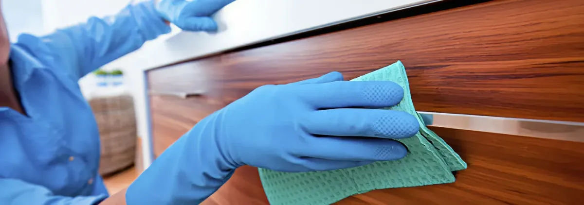 Cleaner wearing blue gloves wiping a wooden cabinet drawer with a microfiber cloth for dust and grime removal, Orange, CA.