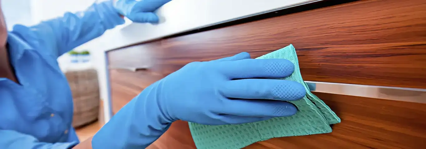 Cleaner wearing blue gloves wiping a wooden cabinet drawer with a microfiber cloth for dust and grime removal, Orange, CA.