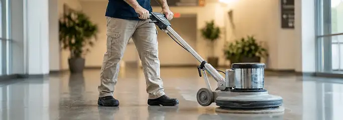 Professional technician using an industrial floor buffer to polish and maintain shiny commercial flooring in a corporate hallway in Orange, CA.