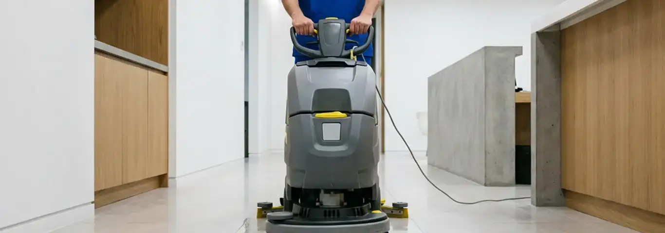 Janitorial staff using a floor scrubber machine to clean a commercial hallway, Orange, CA.