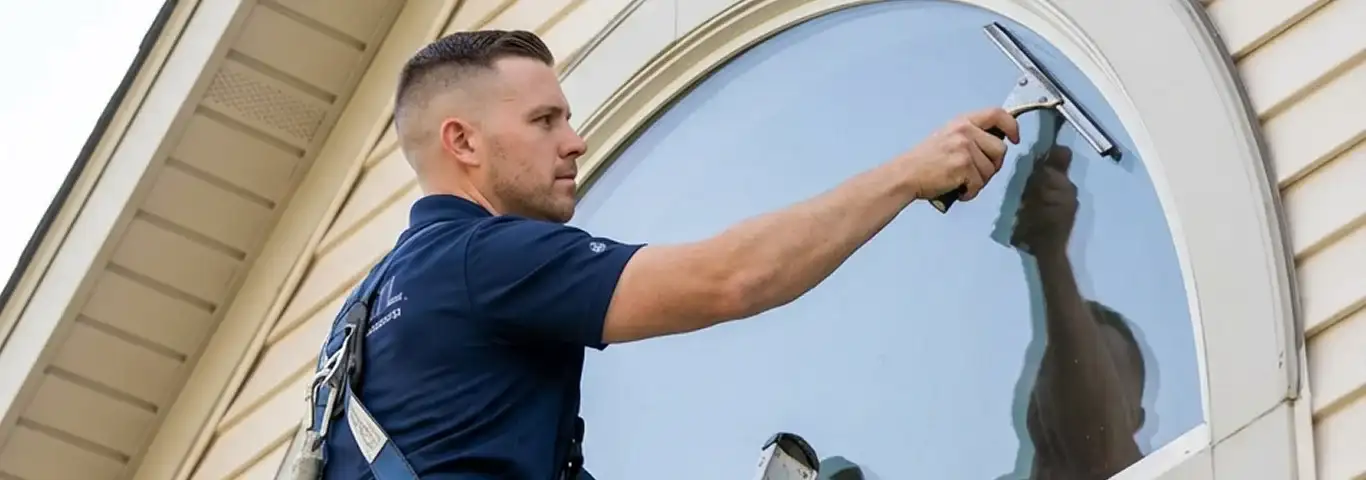 Professional window cleaner using a squeegee to clean an exterior arched window on a home, Orange, CA.