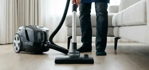 Professional house cleaner vacuuming a living room floor with a canister vacuum cleaner, Orange, CA.
