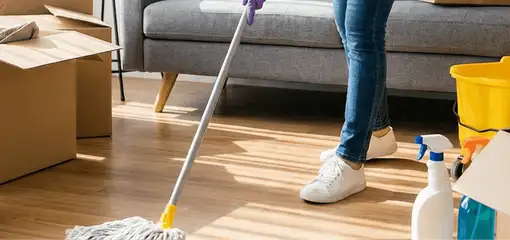 Move-out cleaning setup with a cleaner mopping hardwood floors near moving boxes and cleaning supplies, Orange, CA.