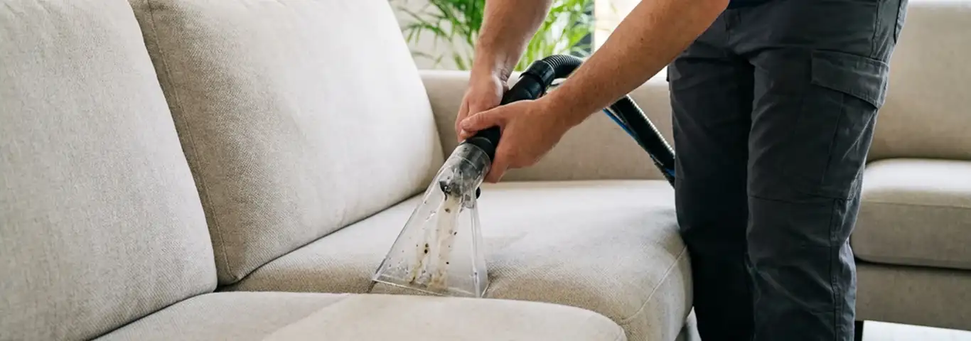 Technician extracting dirt and moisture from a fabric sofa with an upholstery cleaning wand, Orange, CA.