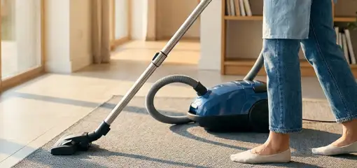 Person vacuuming a living room rug with a canister vacuum cleaner near large windows, Orange, CA.